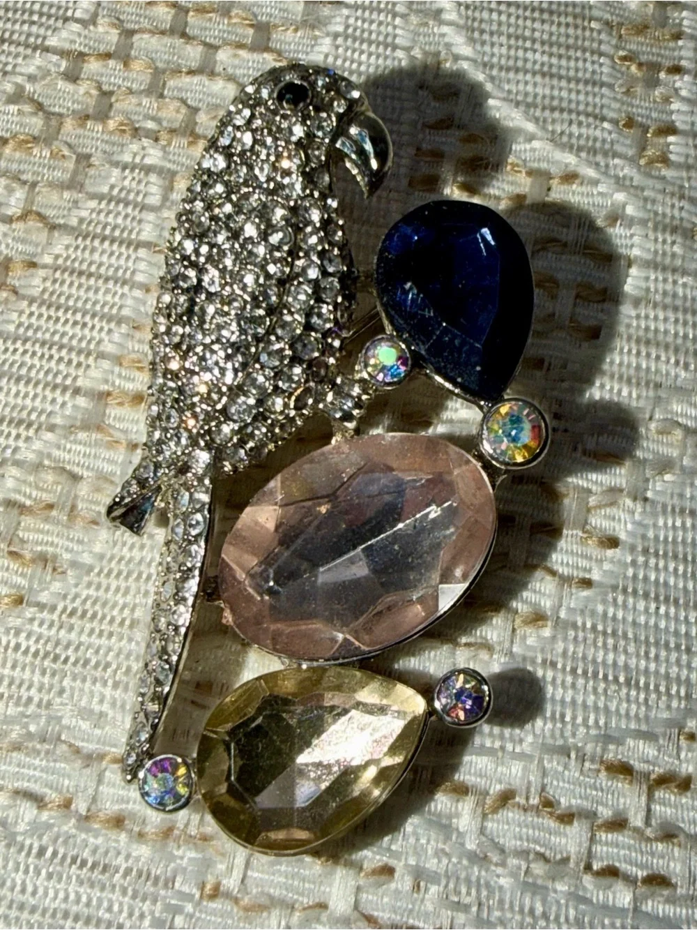 Vintage Crystal Parrot Decorative Brooch - Silver with Blue, Pink, Olive Gems
